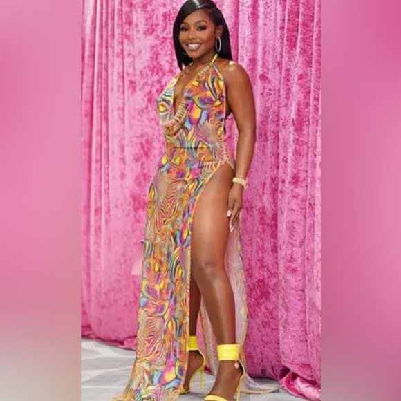 Rainbow colored stretch, back out Tie around the neck swimsuit cover - Picture 1 of 2